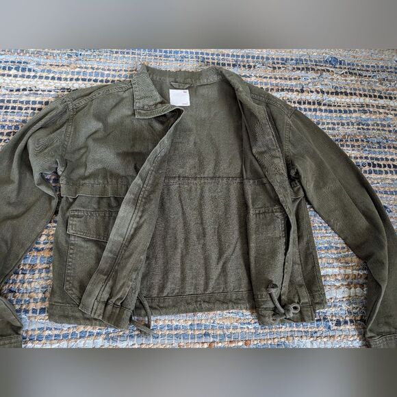 Olive Green 100% Cotton Zip Up Pocket Cropped Jacket S Lightweight Retro - Picture 3 of 7